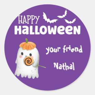 Sticker Rond Halloween heureux et personnalisé avec mignon Ghos