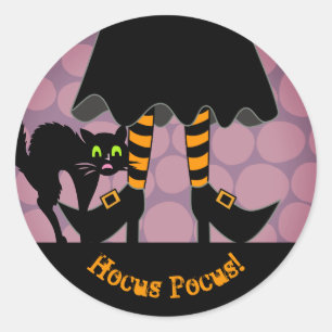 Sticker Rond Halloween Jambes de sorcière Chat noir Hocus Pocus