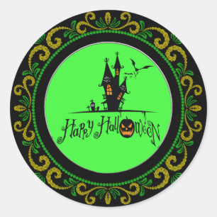 Sticker Rond Halloween Jaune Green Happy Haunween Maison hantée