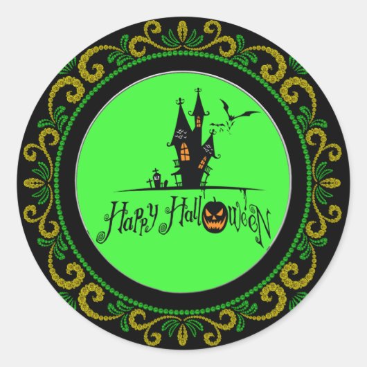Sticker Rond Halloween Jaune Green Happy Haunween Maison hantée (Devant)