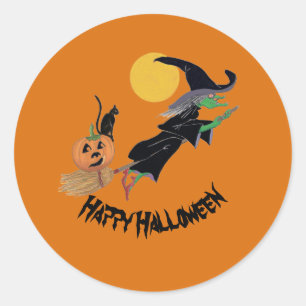 Sticker Rond Halloween joyeuse et colorée sorcière