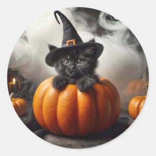 Sticker Rond Halloween Kitten noir en Citrouille
