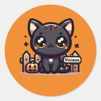 Sticker Rond Halloween Kitten Vicious Cute Chat