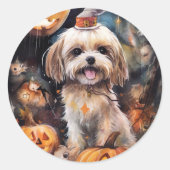 Sticker Rond Halloween Lhassa Apso Avec Peur Citrouille (Devant)