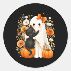 Sticker Rond Halloween Mignon Fantôme Chat Noir Citrouille Flor