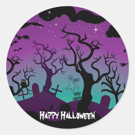Sticker Rond Halloween noir, violet, turquoise (Devant)