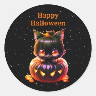 Sticker Rond Halloween Party Chat noir Citrouille Horreur