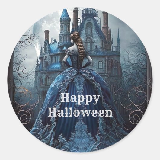 Sticker Rond Halloween Party Haunted Maison Bleue Nuit Effrayan (Devant)