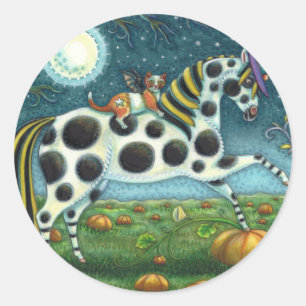 STICKER ROND HALLOWEEN PONY ET CHAT CHAT CHAT CHEVAL