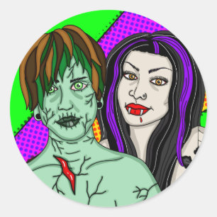 Sticker Rond Halloween   Pop Art zombie Vampire