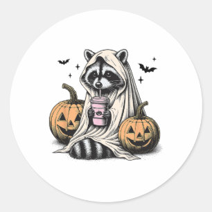 Sticker Rond Halloween Raccoon Ghost