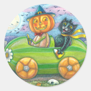 STICKER ROND HALLOWEEN ROAD TRIP, JACK ET CHAT NOIR AMIS