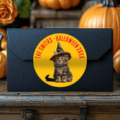 Sticker Rond Halloween Rustique Rouge Et Orange Kitten Witch