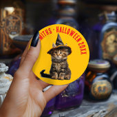 Sticker Rond Halloween Rustique Rouge Et Orange Kitten Witch