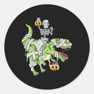 Sticker Rond Halloween Skeleton Mummy Dinosaur T rex Fun Hallow