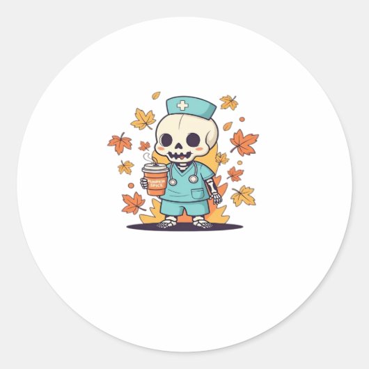 Sticker Rond Halloween Skeleton Nurse Avec Café Classique T-Shi (Devant)