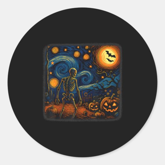 Sticker Rond Halloween Skeleton Starry Night Van Gogh Pumpkin M (Devant)
