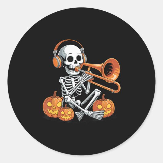 Sticker Rond Halloween Skeleton Trombone Trombonist (Devant)
