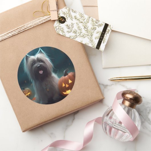 Sticker Rond Halloween Skye Terrier Avec La Peur Citrouille (Cadeaux)