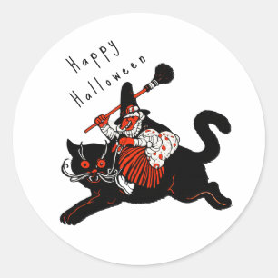 Sticker Rond Halloween sorcière chat noir Art Déco vintage anné