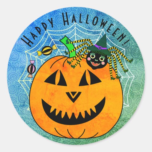Sticker Rond Halloween Spider Witch et Citrouille (Devant)