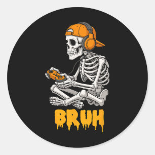 Sticker Rond Halloween Squelette Gamer Vidéo Jeu Drôle Skelet