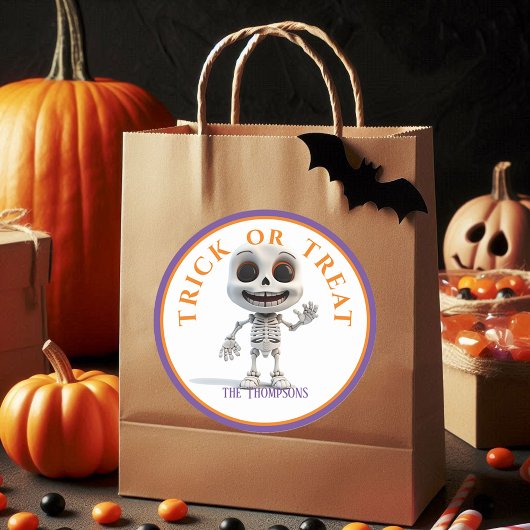 Sticker Rond Halloween Tricoter ou traiter Big Head Skeleton