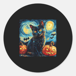 Sticker Rond Halloween Van Gogh Nuit Étoilée Chat Noir Citrouil