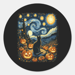 Sticker Rond Halloween Van Gogh Nuit étoilée Chat noir Citrouil