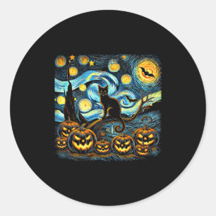 Sticker Rond Halloween Van Gogh Nuit Étoilée Citrouille Chat No