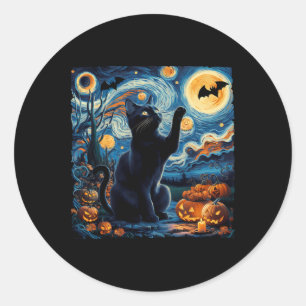 Sticker Rond Halloween Van Gogh' Starry Night Black Cat Citroui