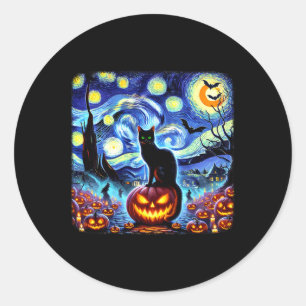 Sticker Rond Halloween Van Gogh Starry Night Chat noir Citrouil