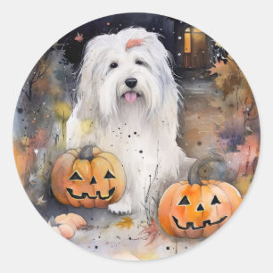 Sticker Rond Halloween vieux chien anglais avec la peur Citroui