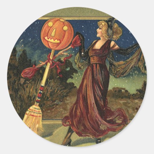 Sticker Rond Halloween vintage, Belle Sorcière dansante (Devant)