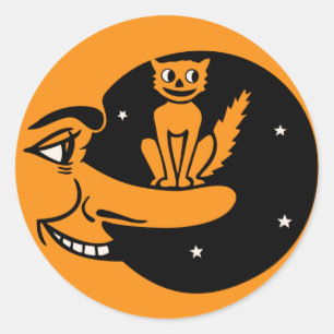 Sticker Rond Halloween vintage - Chat dans la lune