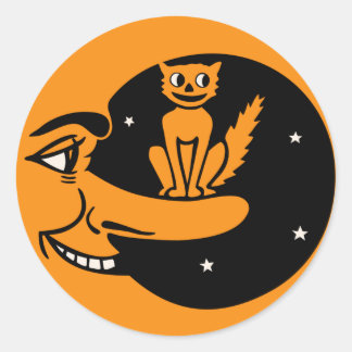 Sticker Rond Halloween vintage - Chat dans la lune