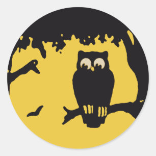 Sticker Rond Halloween vintage, hibou effrayant dans l'arbre av