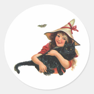Sticker Rond Halloween vintage, sorcière avec chat noir