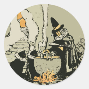 Sticker Rond Halloween vintage, sorcière avec chaudron et chats