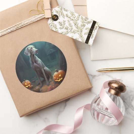 Sticker Rond Halloween Weimaraner avec la peur Citrouille (Cadeaux)