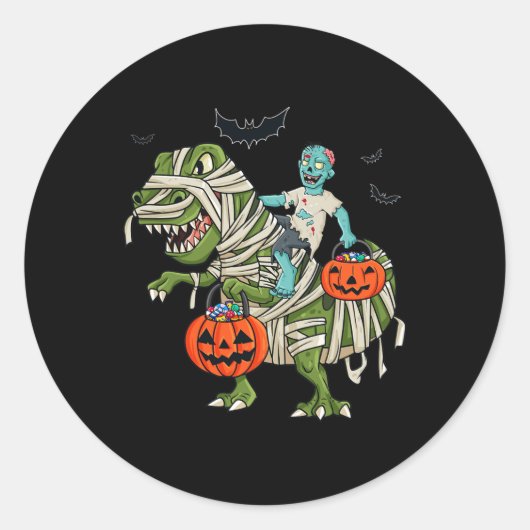 Sticker Rond Halloween Zombie équitation T Rex Fun Boys Filles (Devant)