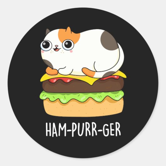 Sticker Rond Ham-Purr-Ger Funny Chat Hamburger Pun Dark BG (Devant)