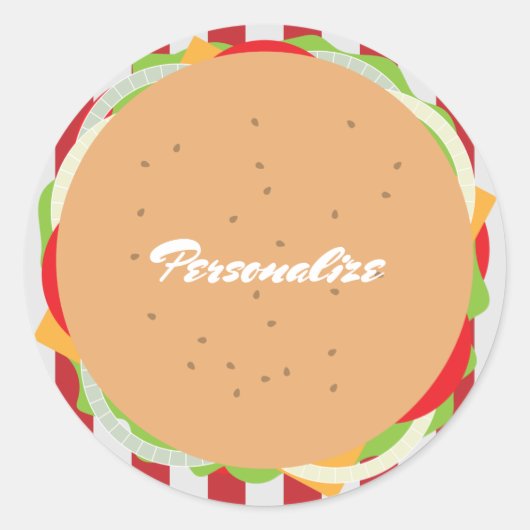 Sticker Rond Hamburger cheeseburger mignon café rayé rouge blan (Devant)