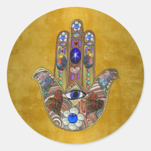 Sticker Rond Hamsa Cœurs Fleurs Opale Art sur Or