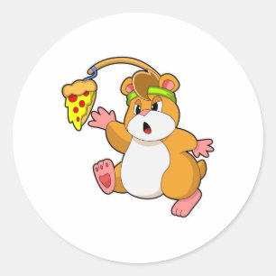 Sticker Rond Hamster à manger avec pizza