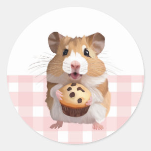 Sticker Rond Hamster mignon Avec Muffin Rose En vichy Check