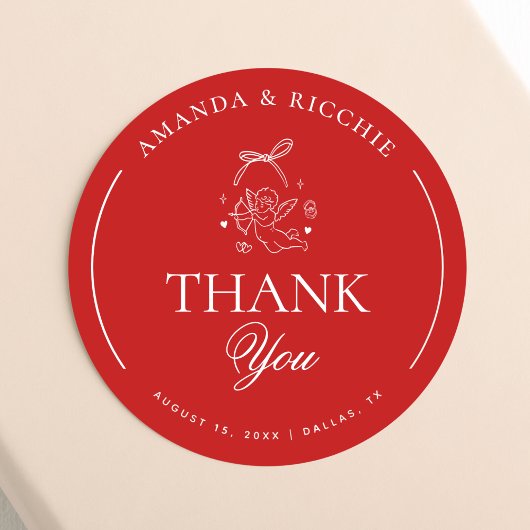 Sticker Rond Hand Drawn Cupid Cherub Red Wedding Thank You