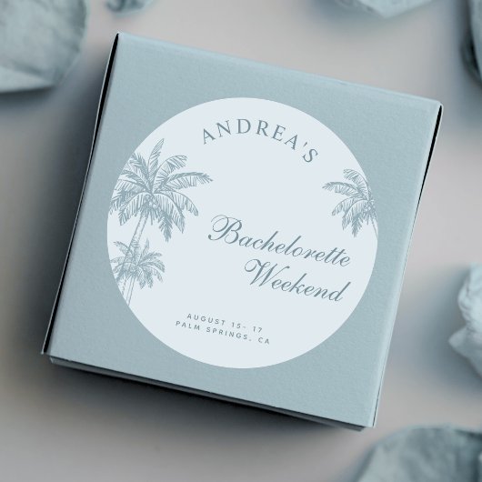 Sticker Rond Hand Drawn Palm Tree Dusty Blue Bachelorette Favor