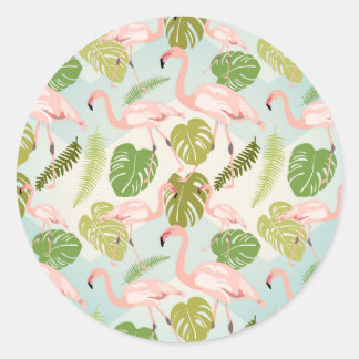 Sticker Rond Hand drawn pink flamant and monstera leaves. Seam