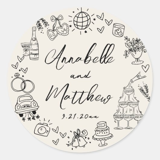 Sticker Rond Hand Drawn Vintage Whimsical Wedding (Devant)
